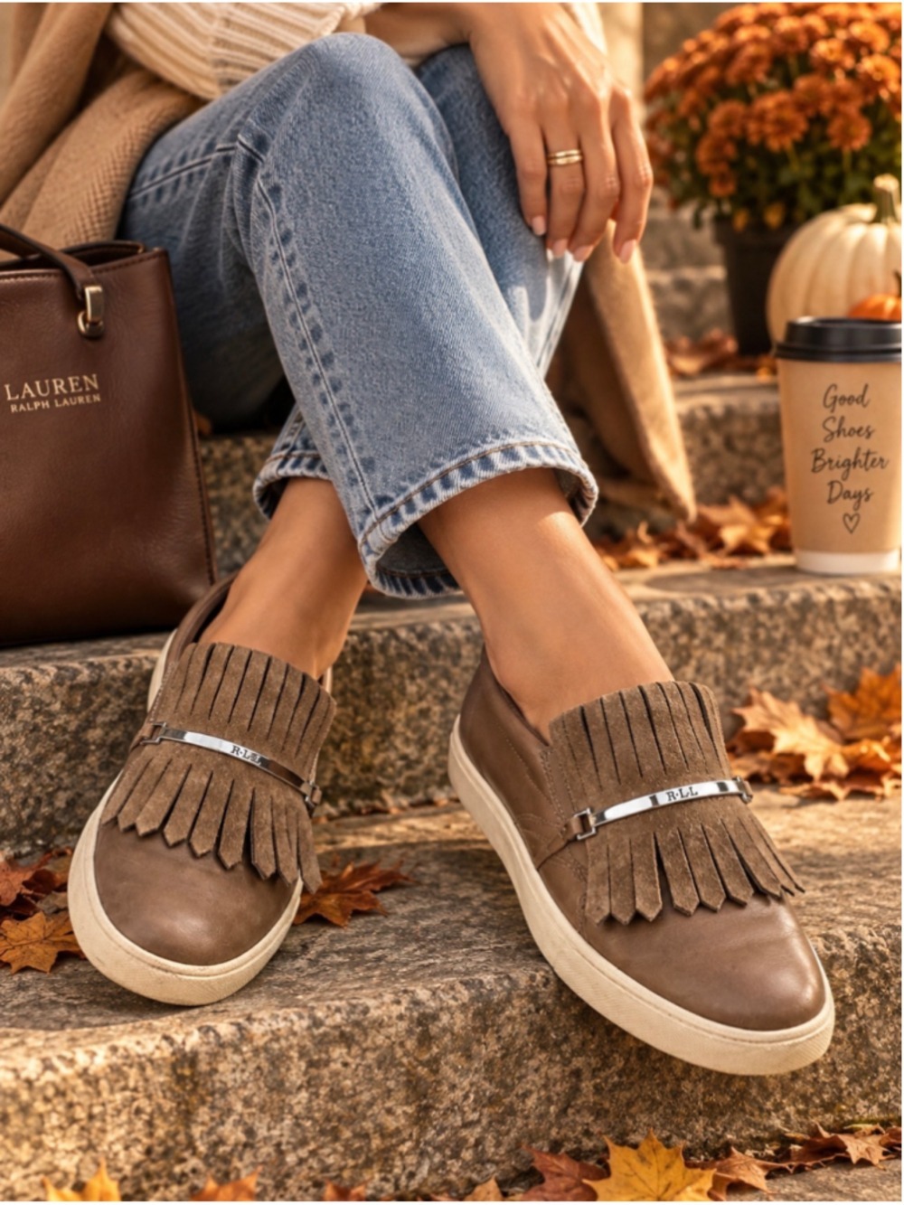 Lauren Ralph Lauren “Reanna” Kiltie Fringe Leather Slip-On Sneakers — Women’s 9B